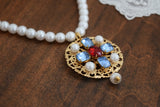 Renaissance Pendant or Necklace - Blue, Red, and Pearl on Filigree