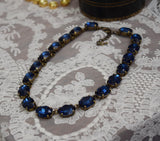 Navy Blue Aurora Crystal Collet Necklace - Large Oval