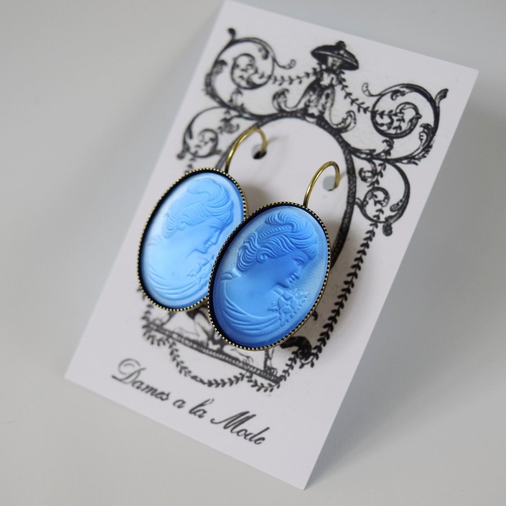Blue Glass Cameo Earrings Extra Large Ovals – Dames a la Mode - Main Image