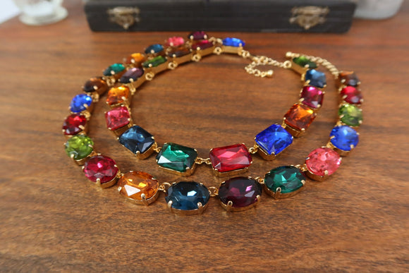 Harlequin Jewel Toned Collet Necklace - Large Oval or Large Octagon