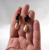 Amethyst Purple Paste Glass and Pearl Dangle Earrings