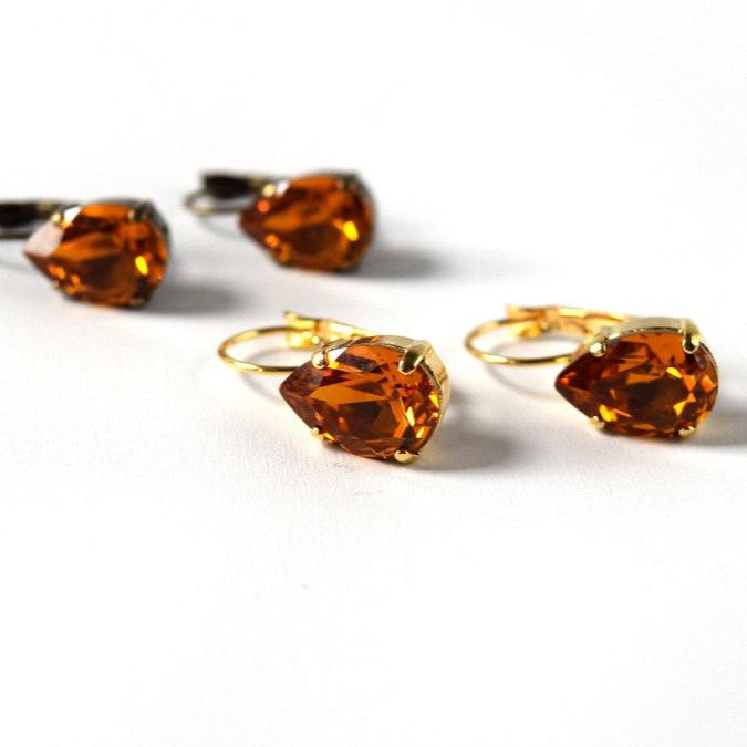 Orange Topaz Crystal Teardrop Earrings Vintage Swarovski Crystal
