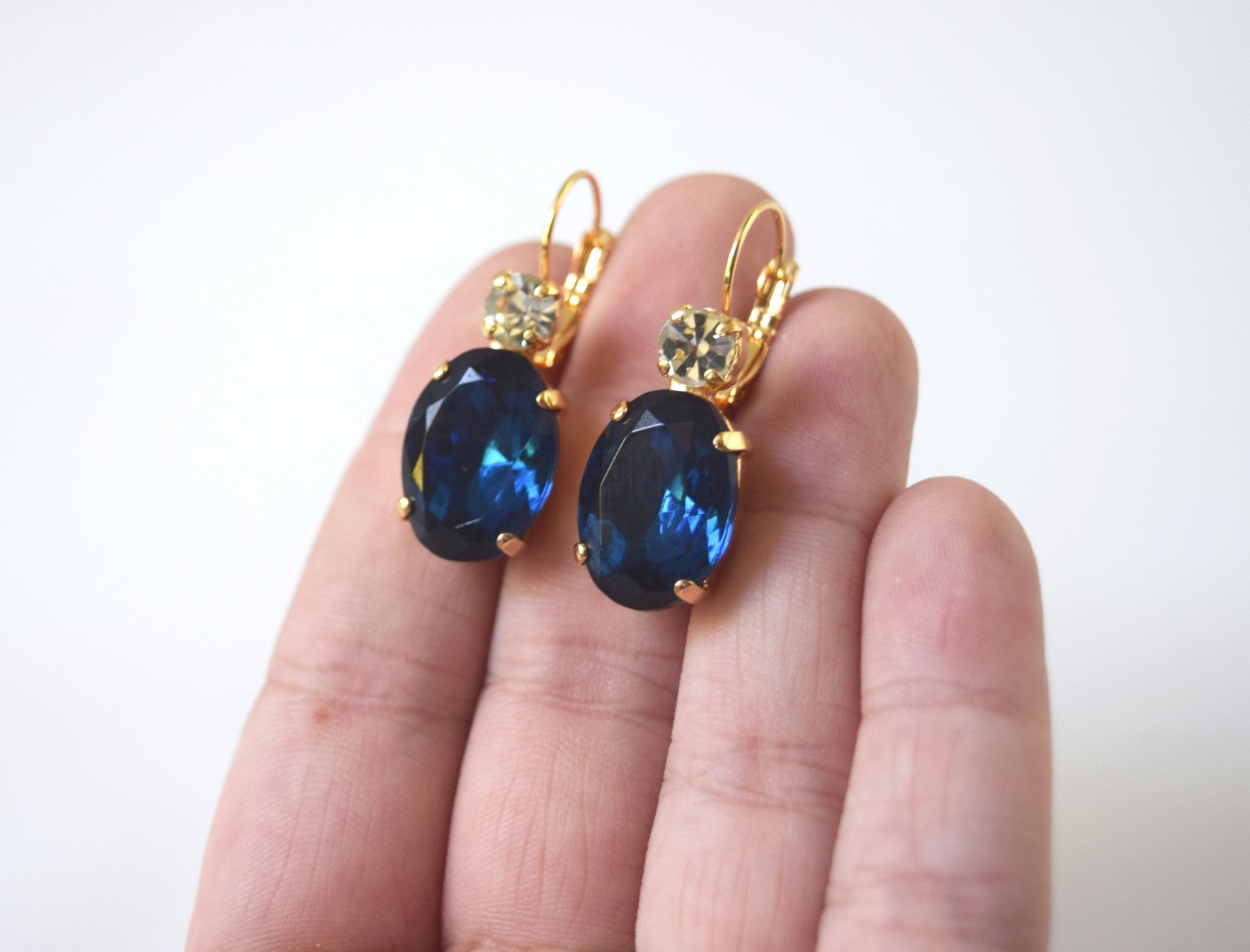 Navy Blue Crystal Earrings - Large Oval 2 stone – Dames a la Mode