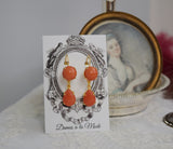 Coral Two Stone Earrings - Round and Teardrop