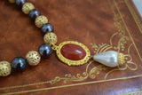 Renaissance Filigree, Black Pearl, and Carnelian Necklace