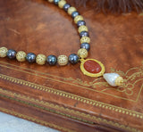 Renaissance Filigree, Black Pearl, and Carnelian Necklace