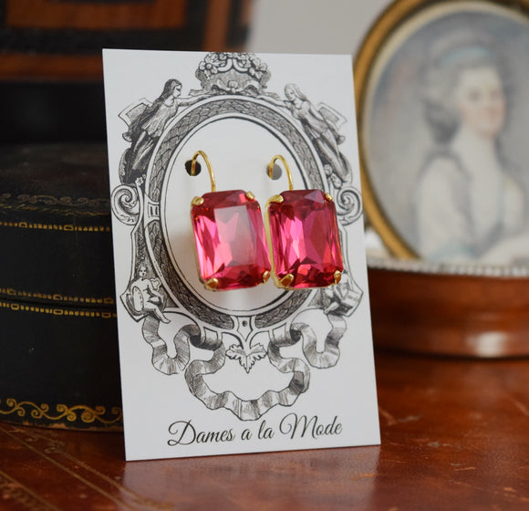 Dark Pink Aurora Crystal Earrings - Large Octagon