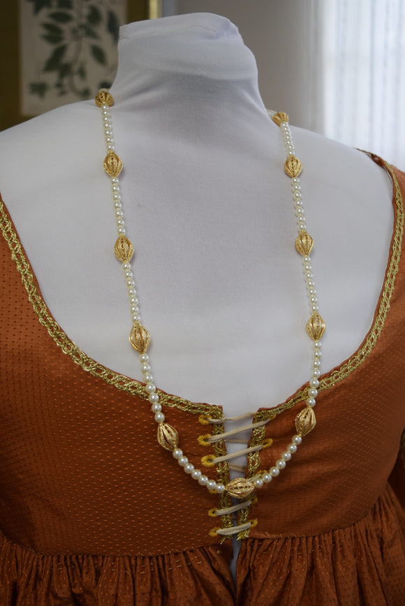 Renaissance Long Necklace - Glass Pearl and Gold Filigree