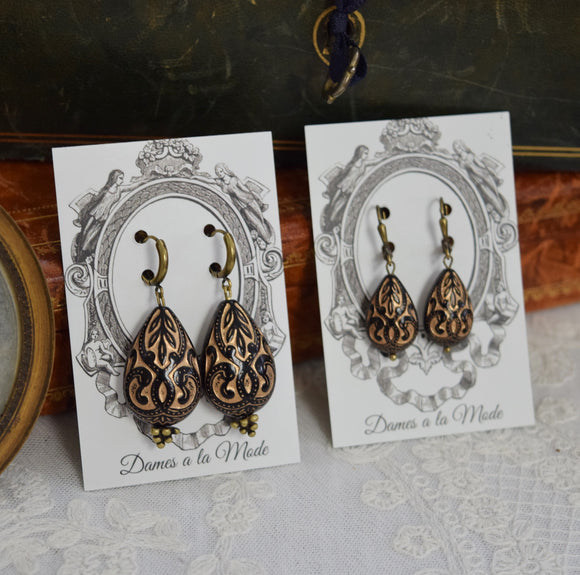 Black and Gold Figured Teardrop Earrings