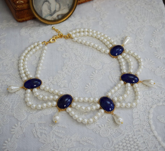 Pearl and Lapis Triple Strand Festoon Necklace
