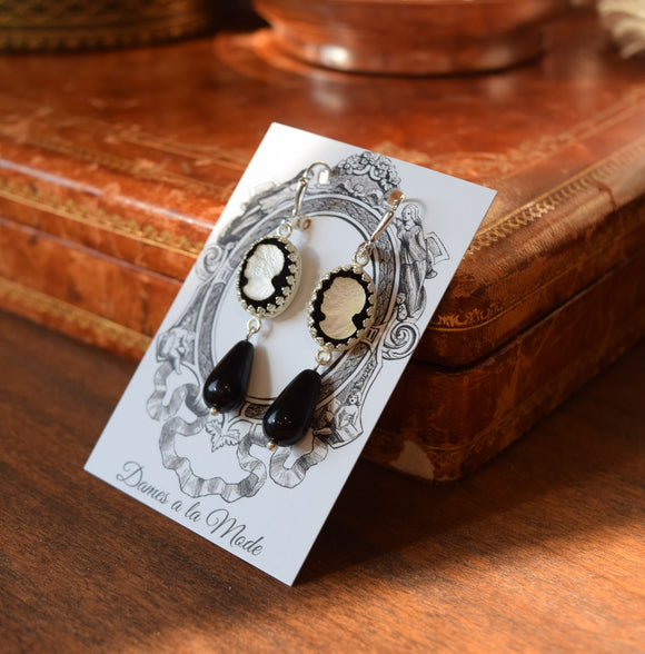Black and White Cameo Earrings with Pearl Dangles