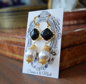 Black and Pearl Filigree Renaissance Earrings
