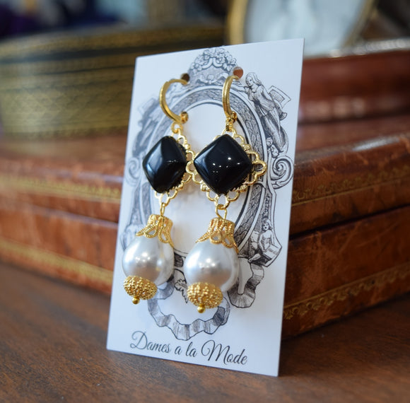 Black and Pearl Filigree Renaissance Earrings