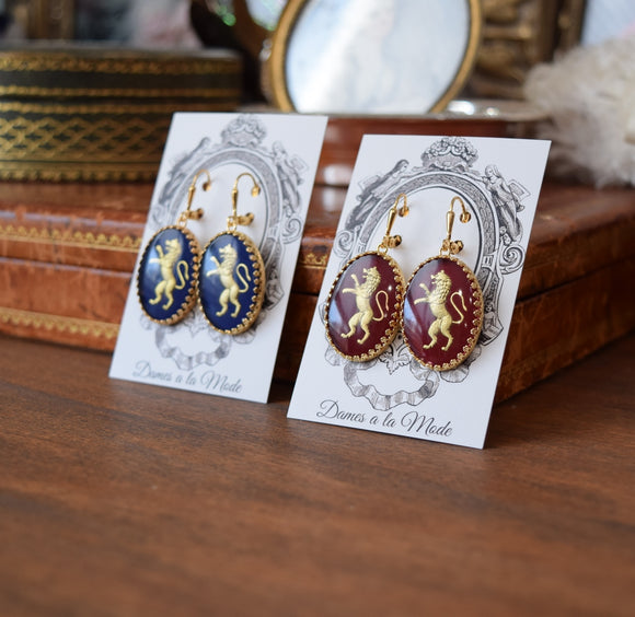 Lion Intaglio Earrings - Red or Blue - Extra Large Oval