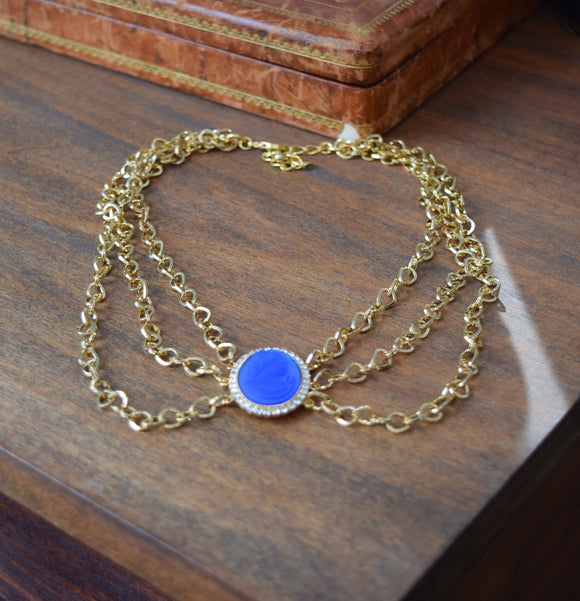 Blue Cameo and Chain Festoon Necklace