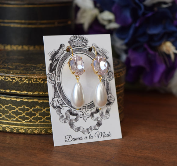 Blush Pink Crystal and Pearl Dangles - Medium Oval Stones, Large Pearls