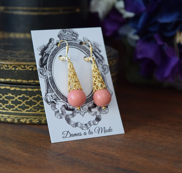 Pink Coral and Filigree Teardrop Earrings