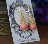 Pink Coral and Filigree Teardrop Earrings