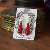 BLACK FRIDAY Red Coral and Pearl Teardrop Earrings
