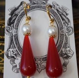BLACK FRIDAY Red Coral and Pearl Teardrop Earrings