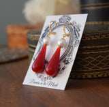 BLACK FRIDAY Red Coral and Pearl Teardrop Earrings