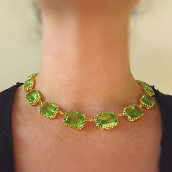 Peridot Green Crown Collet Necklace - Large Octagon