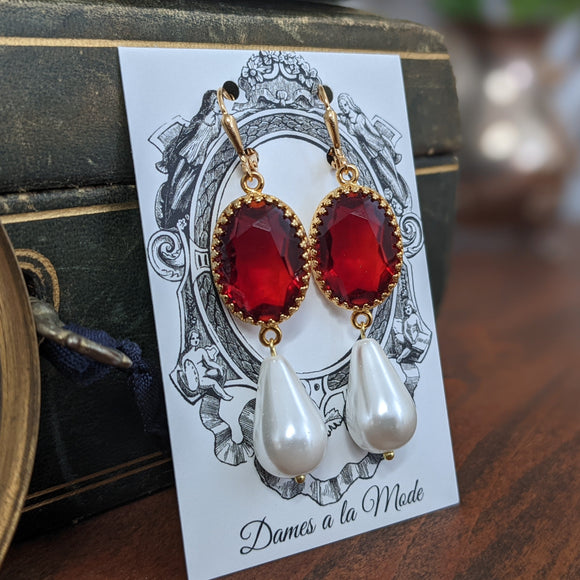 Ruby and Pearl Crown Earrings - Large Ovals