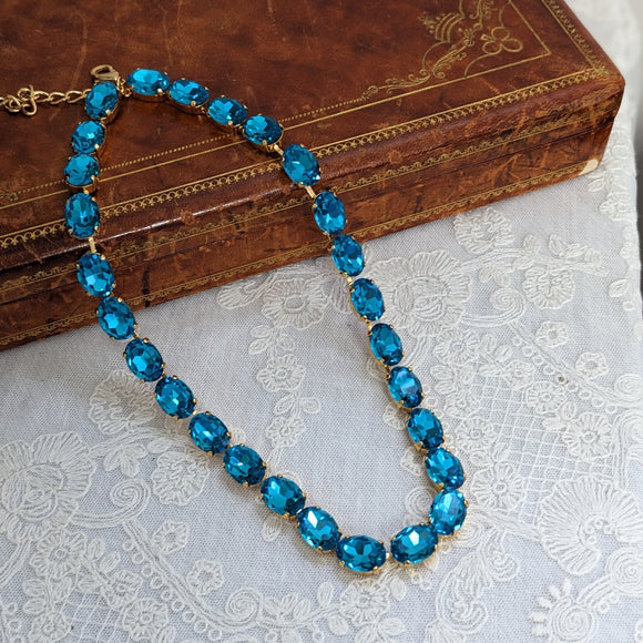 SALE! Dark Aquamarine Aurora Crystal Collet Necklace - Medium Oval