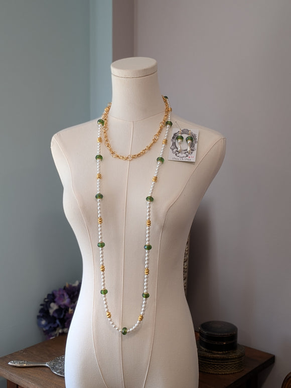Renaissance Jewelry Set - Green, Gold, White Pearl