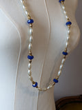 Long Renaissance Necklace - Blue, Dark Gold, and Pearl
