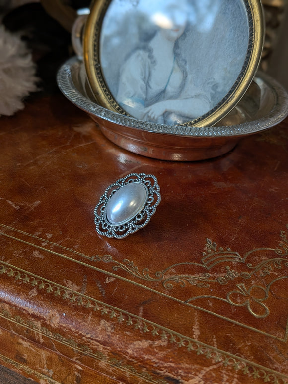 Filigree and Pearl Brooch - Antique Silver Tone