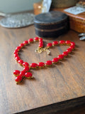 Coral Red Collet Necklace with Cross Pendant