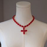 Coral Red Collet Necklace with Cross Pendant