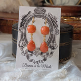 Coral Two Stone Earrings - Round and Teardrop