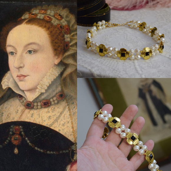 Tudor Black Quatrefoil and Pearl Choker Necklace