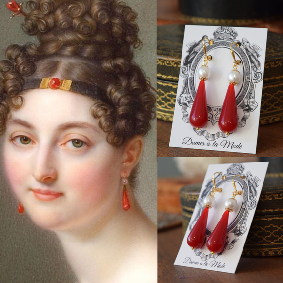 BLACK FRIDAY Red Coral and Pearl Teardrop Earrings