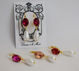 Pink Crystal and Pearl Earrings - Medium Oval Stone, Medium Pearl