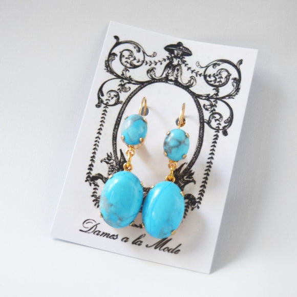 Glass Turquoise 2-stone Earrings - Small and Large Ovals