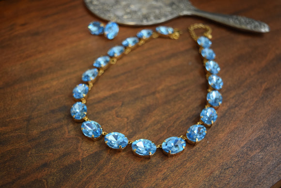 Aquamarine Blue Swarovski Crystal Collet Necklace - Large Oval