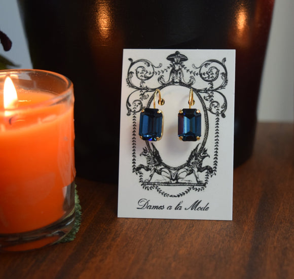 Navy Blue Swarovski Crystal Earrings - Medium Octagon