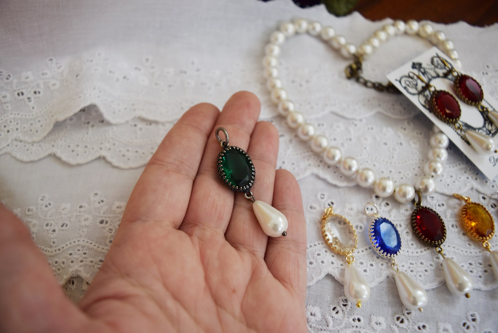 Elizabethan Crystal and Pearl Necklace Large Oval crystal Dames a la Mode