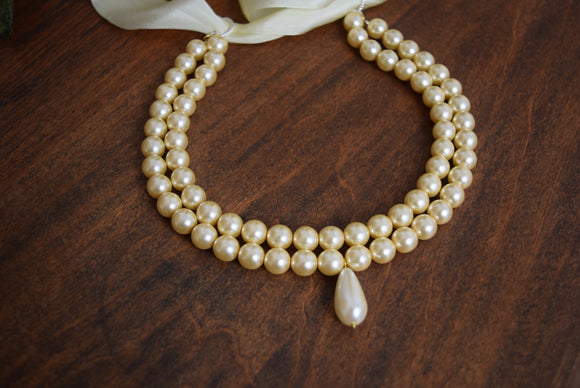 Double Strand Pearl Necklace - Medium Cream with Teardrop