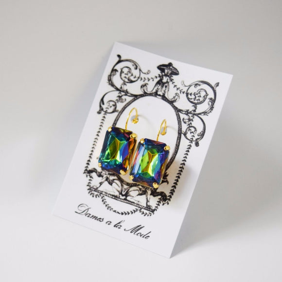 Peacock Blue Crystal Octagon Earrings - Large Octagon