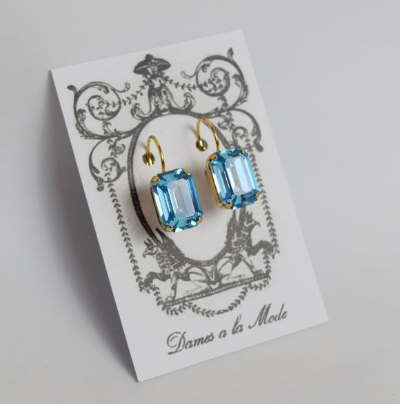 Aquamarine Blue Swarovski Crystal Earrings - Medium Octagon