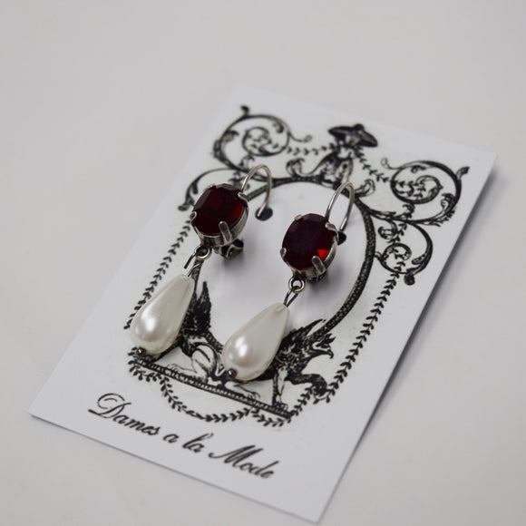 Garnet Swarovski Crystal and Pearl Dangles - Tiny Oval, Small Pearl