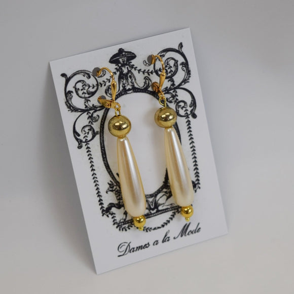Long Pearl Teardrop Earrings with Golden Beads