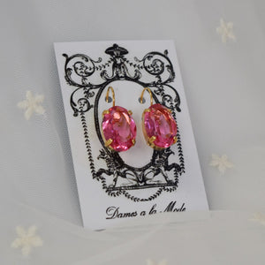 Pink Topaz Swarovski Crystal Earrings - Large Oval