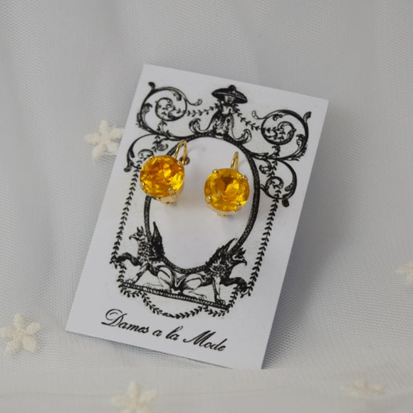 Golden Yellow Crystal Earrings - Small Round