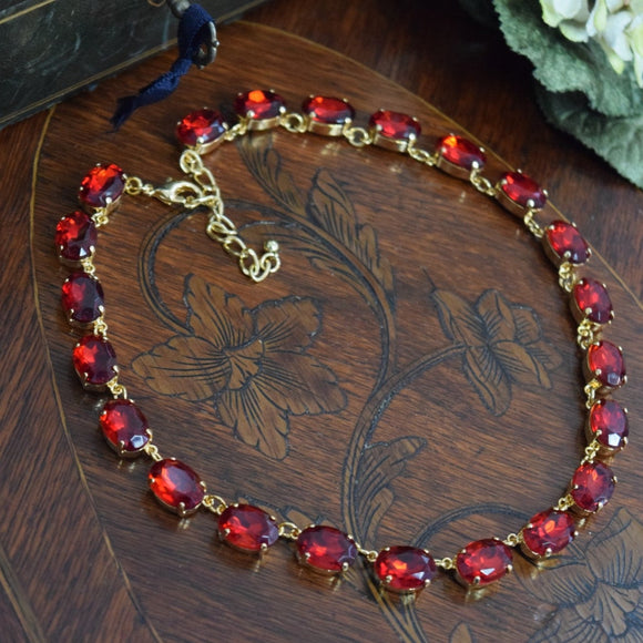 Ruby Red Crystal Collet Necklace - Medium Oval