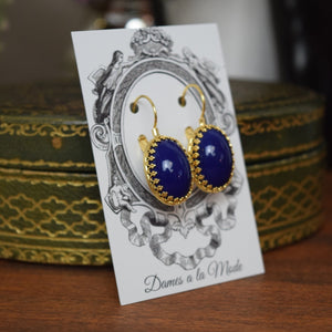 Lapis Lazuli Blue Glass Crown Earrings - Large Oval